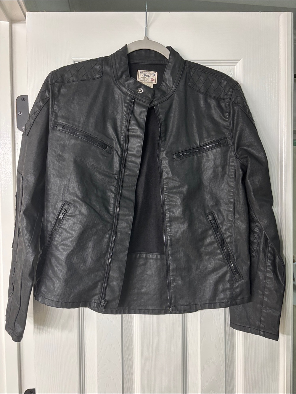 Polo by Ralph Lauren Black Quilted-Shoulder Faux Leather Jacket - Women